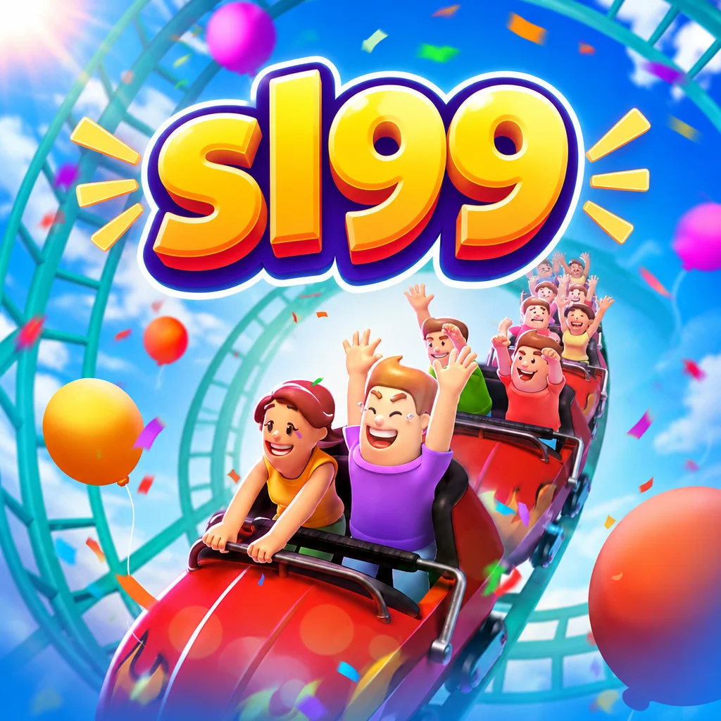 sl99 Wild Coaster dengan karakter ceria menaiki roller coaster berlatar balon warna-warni